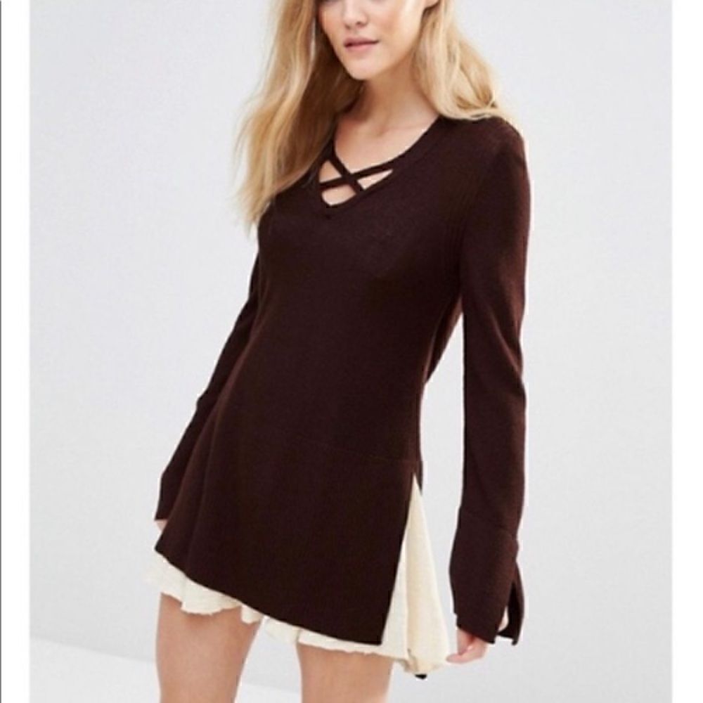 Free People XS Tunic Sweater Top Criss Cross Mocha Brown Rayon Knit Over…